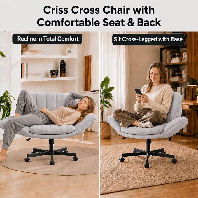 Criss Cross Office Chair with Wheels and Arms, Vanity Chair with Back, Comfy Swivel Cross Legged Office Chairs for Ultimate Comfort and Support, Unique Multifunctional Stylish Arms (Grey)