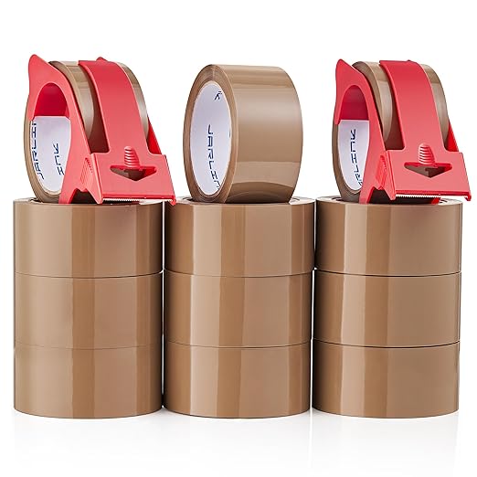 JARLINK 12 Rolls Brown Packing Tape with Dispenser, Heavy Duty Packaging Tape Refills for Shipping Packaging Mailing, 2.6mil Thick, 1.88 inches Wide, 55 Yards Per Roll, 660 Total Yards