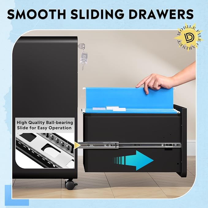 DEVAISE 3 Drawer File Cabinet with Lock, Fully Assembled Except Casters | Thickened Metal Mobile Filing Cabinet, Under Desk File Cabinet for Home Office, fits Letter/Legal Size, Black