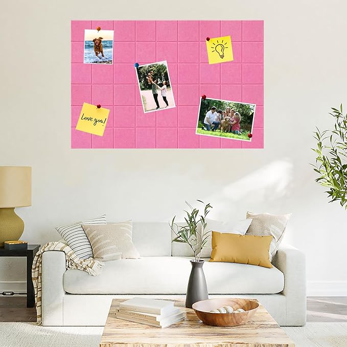 Large Square Felt Cork Board Tiles, Self Adhesive DIY Felt Bulletin Board Pin Board with 35 Pushpins for Office School Home Wall Decor Stickers Memos Photos Display (Pink)