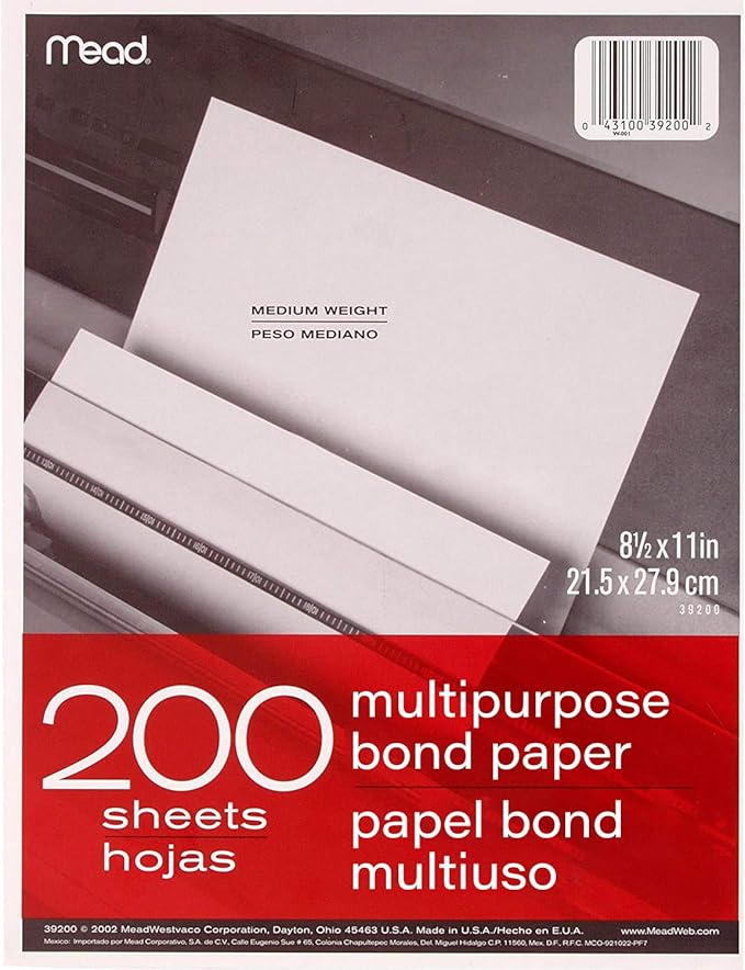 Mead Multipurpose Paper, 8-1/2" x 11", Letter Size, Bond, White, 200 Sheets/Pack (39200)