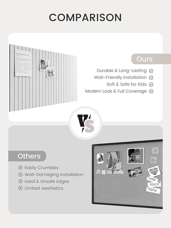 Bumusty 36"x 24" Large Felt Bulletin Board Tiles,Light Gray | 6-Pack Cork Board Alternative, Wall Decor, 30 Pushpins, 30 Adhesive Tabs, Vision Board, Office, Classroom, Home, Dorm