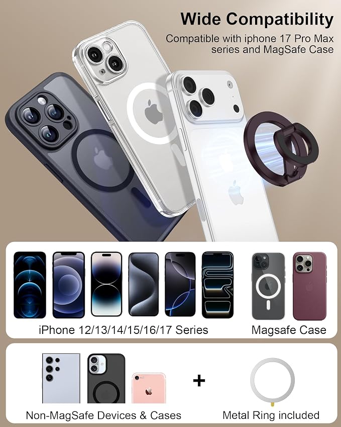 MagSafe Finger Ring Phone Holder with Kickstand Dual-Sided Magnet Gym Grip | for iPhone 17e/17 Pro Max/Air/16e/16 Plus/15/14/13/12 Samsung Galaxy & Pixel, Stick-On for MagSafe Car Mount, Metal Surfaces