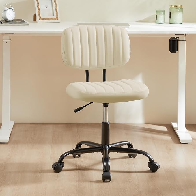 Sweetcrispy Office Desk Chair, Small Vanity Chair, Lumbar Support | Armless PU Leather, Height Adjustable Rolling Swivel Task, Bedroom Home Student, Beige White
