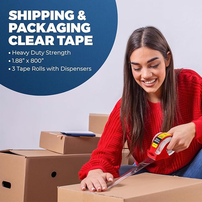 Heavy Duty Packing Tape with Dispenser 1.5" Core, Clear Shipping Tape for Boxes, Packaging, Mailing & Moving Supplies - 1.88 in. x 22.2 Pack of 16