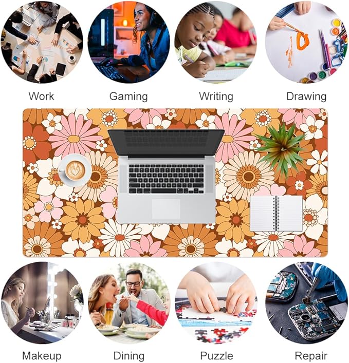 Faux Leather Large Mouse Pad, Office Desk Mat, 31.5"x15.7", Retro Flowers | Desk Décor Accessories, Extended Size, Waterproof & Easy to Clean, Smooth Surface, Non Slip Desk Organization