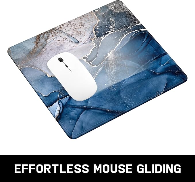 Mouse Pad, Minimalism Marble Style Computer Pad, Anti-Slip Rubber Mouse Mat with Stitched Edges for Gaming, Office, Laptop, PC, Women, 9" x 8" Thick 3 mm, Blue Marble