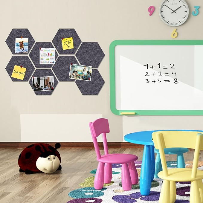Large Hexagon Felt Cork Board Tiles, Self Adhesive DIY Felt Bulletin Board Pin Board with 35 Pushpins for Office School Home Wall Decor Stickers Memos Photos Display(Deep Grey)