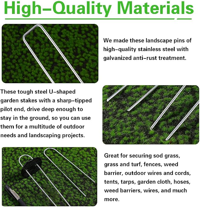 100Pcs Garden Stakes Staples + 100Pcs Gasket, Bakulyor 6 Inch Lawn Landscape Staples 11 Gauge U Shaped Galvanized Landscape Pins, Heavy Duty Yard Ground Pin for Weed Barrier Sod Fabric Decorations