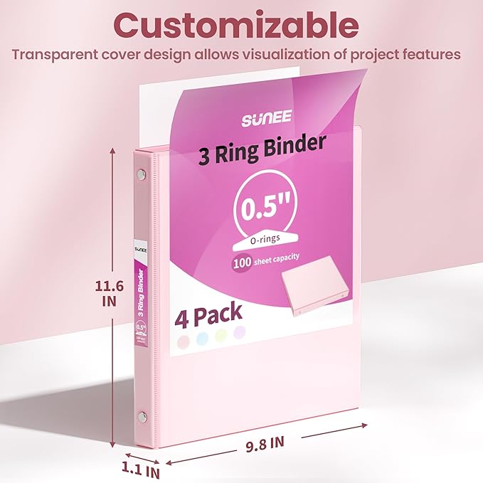 SUNEE 1/2 Inch Binders 3 Ring 4 Pack, Half Inch Thin Binder Clear View Three Ring PVC-Free (Fit 8.5x11 Inches) for School or Office Supplies, Assorted Pastel
