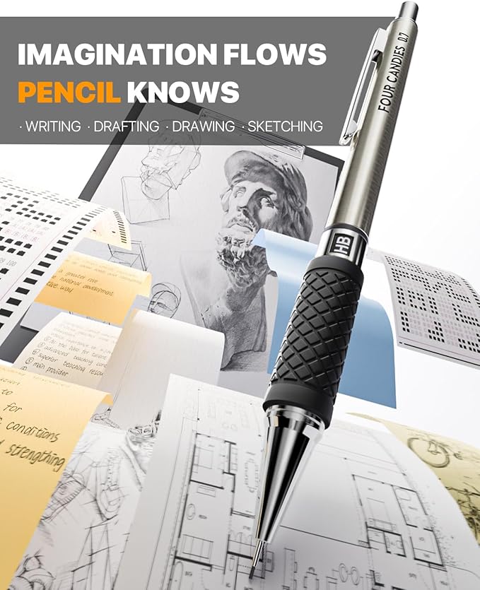 6PCS Metal Mechanical Pencil Set with 0.9mm Bold Point, 360 Leads, 12 Erasers, Art Mechanical Pencils Pack with Storage Case for School Writing, Sketching, Drawing & Professional Drafting
