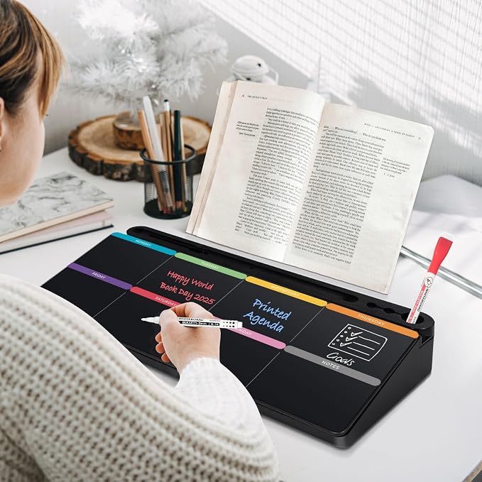 DOLLAR BOSS Glass Desk Whiteboard Calendar Small Dry Erase Board, Black | Desktop White Board with Storage Drawer, Colorful Weekly Calendar, Computer Keyboard Stand, Desk Organizer, Office Supplies