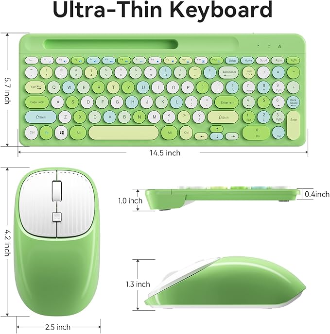 Retro Wireless Keyboard and Mouse Combo, Full-Size USB Keyboard with Round Keycaps, 2.4GHz Wireless for Desktop, Laptop and Computer (Green-Colorful)