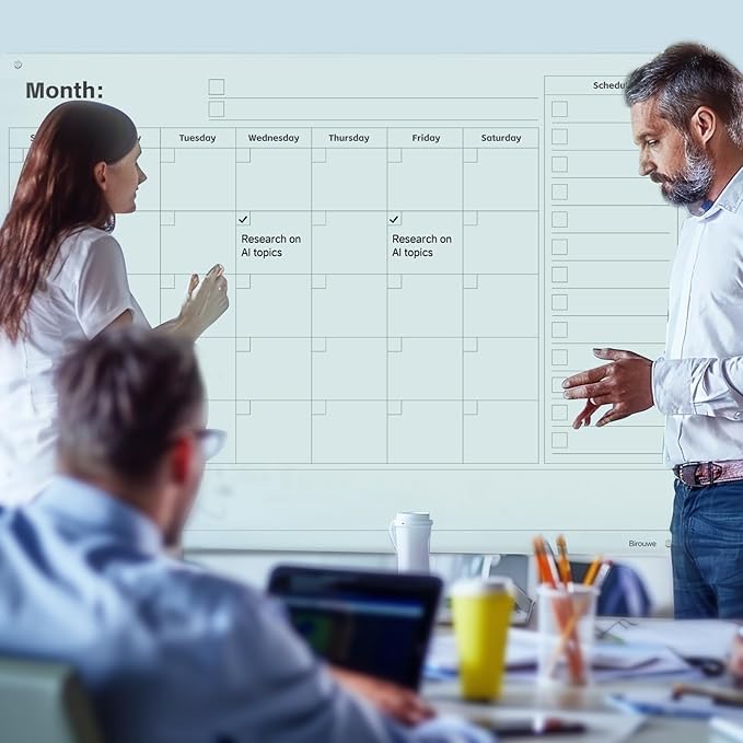 Magnetic Glass Whiteboard - 48"x36" Frameless Dry Erase Board with Monthly Calendar for Office, School, and Home