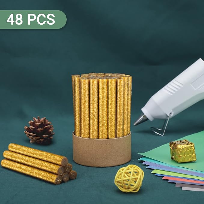 Glitter Gold Hot Glue Sticks, Manarty 48 PCS Full Size Hot Melt Glue Sticks Colored, High and Low Temp Adhesive Gluing Sticks for Craft, Art, DIY, Decoration, Sealing Wax Stamp, 0.43" Dia x 4" Long
