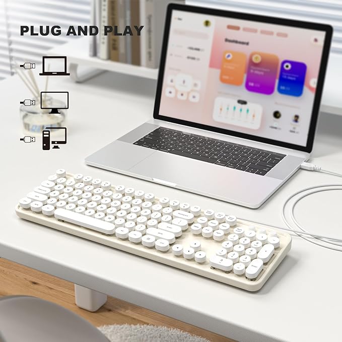 MOWUX Computer Keyboard Wired, Plug and Play USB Retro Round Typewriter Keyboard, Full Size Wired Keyboard with Foldable Stands for Laptop and Office PC- White