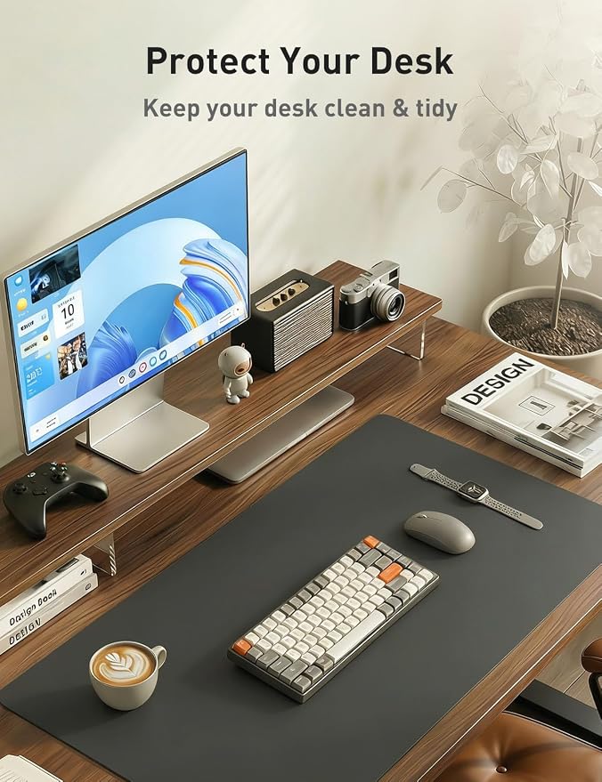 Aothia Faux Leather Desk Mat - Non-Slip PU Leather Desk Blotter, Waterproof Writing Surface, Large Desk Pad for Office & Home (Grey, 55" x 17")