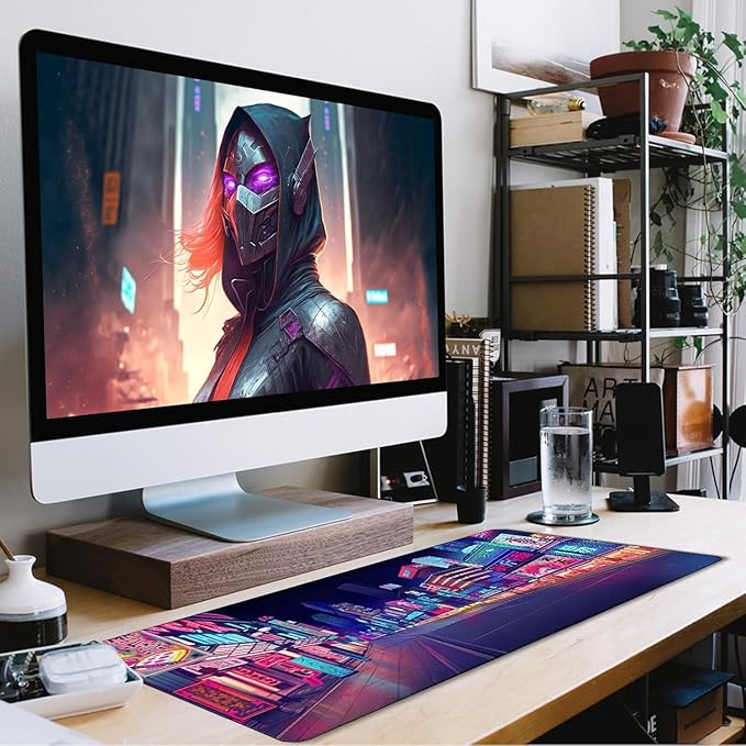 Japanese City Big Desk Mat Large Office Desk Pad | Home Office Gaming Work 35.4x15.7 inch Big Computer Mousepad Waterproof Non-Slip Rubber Mice Pads Stitched Edges