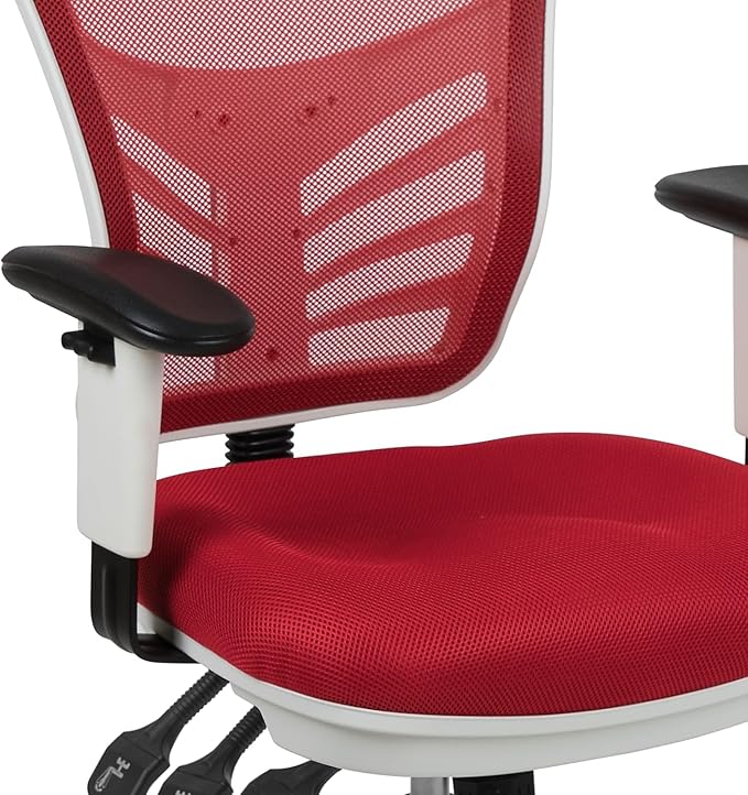 Flash Furniture Mid-Back Mesh Executive Office Chair, White/Red | Adjustable Armrests, 360° Swivel, Height Adjustable, Commercial Grade