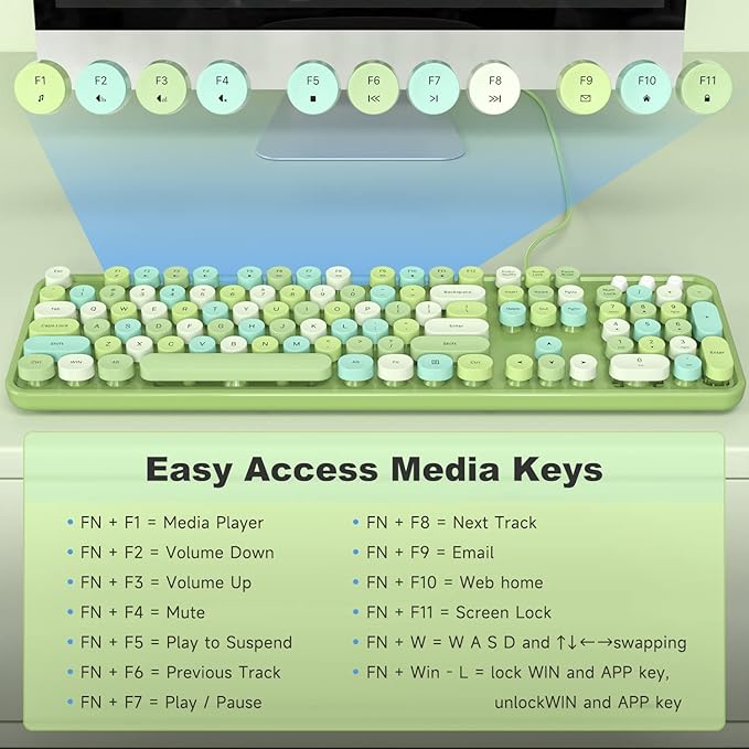 MOWUX Computer Keyboard Wired, Plug and Play USB Retro Round Typewriter Keyboard, Full Size Wired Keyboard with Foldable Stands for Laptop and Office PC- Green Colorful