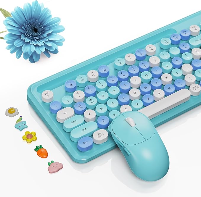 Wireless Keyboard and Mouse Combo, Retro Round Keycaps, Full-Size Stylish Typewriter Keyboard with Phone/Tablet Holder, Ergonomic Mouse with 3-Level DPI, 2.4GHz Connection for Windows/PC (Ice Blue) | Full-Size Retro Typewriter-Style Keyboard, Tilt Legs...