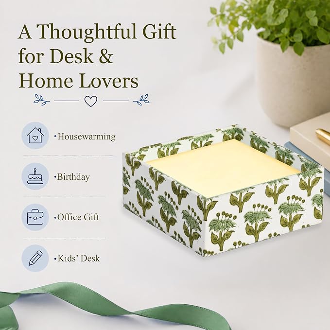 CPC Emerald Green Block Print Desk Organizer Memo Note Pad Holder | Cute, Aesthetic, Decor Accessories, Workspace Organizers, Caddy Storage, Gift for Office, Professionals, Student