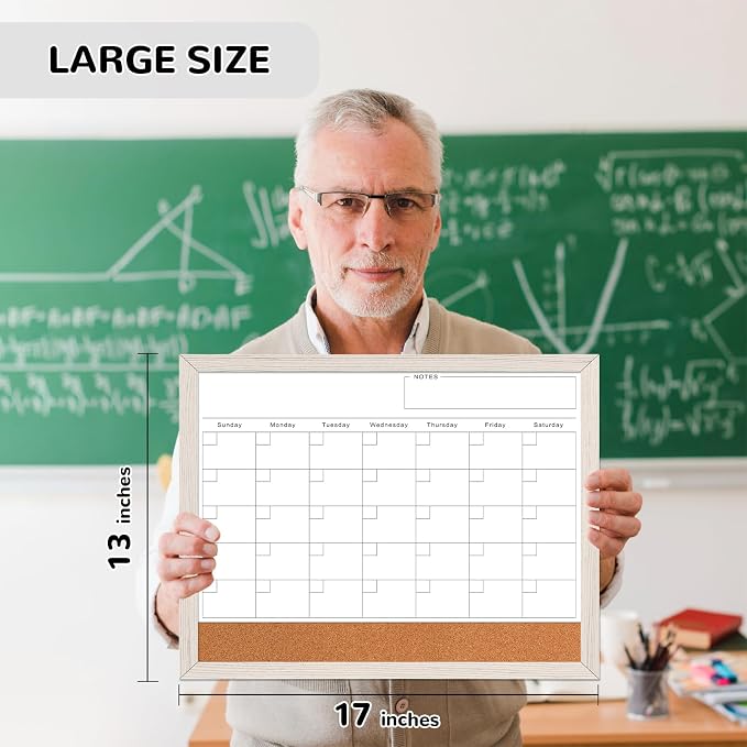 White Board Calendar Dry Erase Board for Wall, Magnetic WhiteBoard, 17"x13" | Hanging Board, White Wood Frame White Board and Cork Board Combo, Calendar Bulletin Board for Kitchen Planner Memo Office