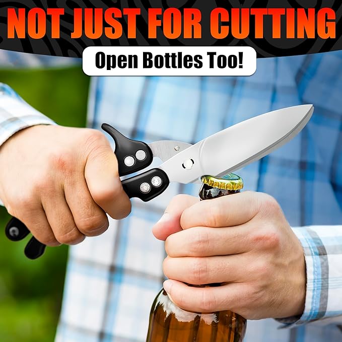 4-in-1 Multi-Use Heavy Duty Poultry Shears – Sharp Seafood, Fish, Turkey & Chicken Shears with Non-Slip Metal Handle & Micro-Serrated Blades – Spring-Loaded, Safety Lock Bone Scissors (Black)