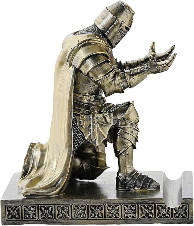 Medieval Templar Vanguard Officer Knight Pen Holder Desk Organizers Bronze | Pencil Stand Paperweight Desktop Decoration Accessories Cell Phone Stand with a Fancy Sword for Medieval Warrior Enthusiast