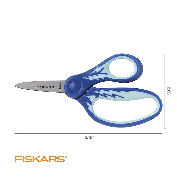 Fiskars 5" SoftGrip Pointed-Tip Kids Scissors, Blue, Red Lightning, 3-Pack | Scissors with Safety Edge Blades for School or Crafting, Ergonomic Handles Designed for Kids Hands, Back to School Supplies