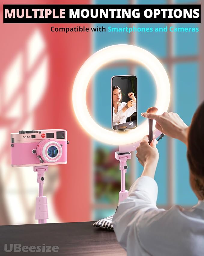 UBeesize 12'' LED Ring Light with 62'' Tripod Stand and Magnetic Phone Holder, Selfie Ring Light for Video Recording, Live Streaming, Compatible with iPhone & Android (Pink)