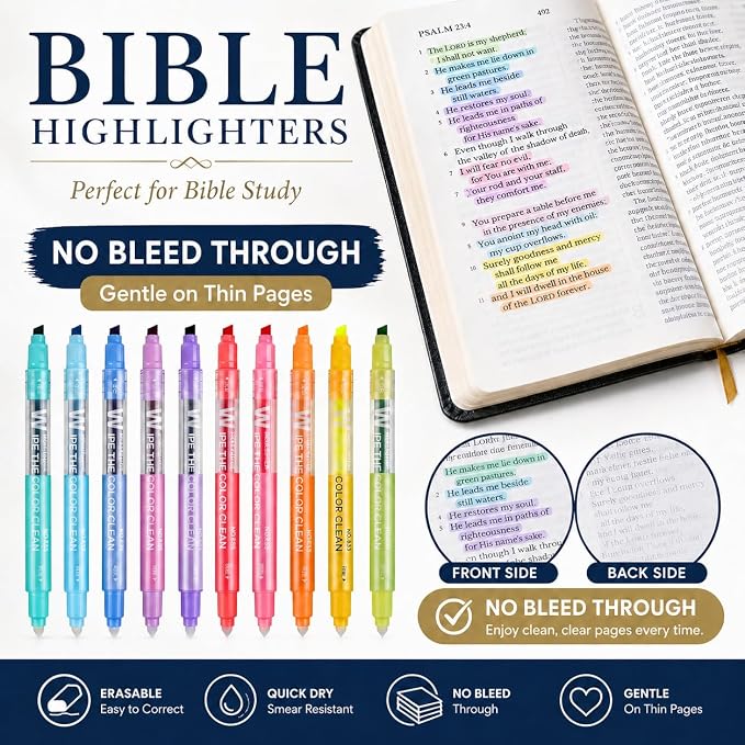 YOOUSOO Erasable Highlighters, Erasable Highlighter Assorted Colors | Dual Tip Pastel Bible Highlighters No Bleed, Color Tip & Eraser Tip Highlighter Markers for Bibles Journaling School Supplies