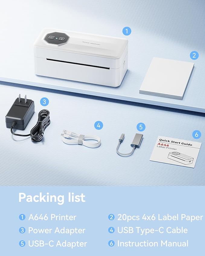 TATTMUSE Bluetooth Thermal Shipping Label Printer, A646 Wireless 4x6 Label Printer for Small Business and Shipping Packages, Compatible with iPhone Android Windows Mac, Amazon, USPS, UPS, White