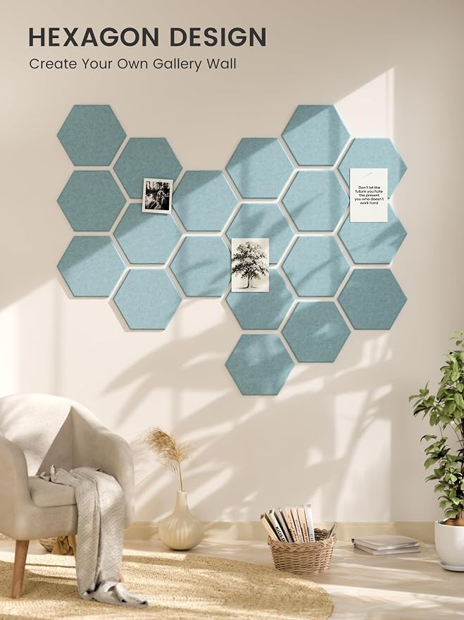 Fluxynara 12-Pack Hexagon Felt Bulletin Board Tiles, Teal Blue-1 | Cork Board Alternative with 60 Adhesive Tabs for Notes, Photos and Reminders in Home Offices, Dorm and Classrooms