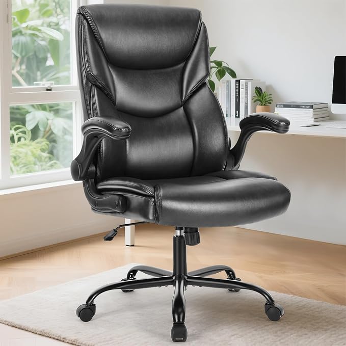 Sweetcrispy Computer Desk Chair, Lumbar Support Video Game Chair PU Leather | High Back Heavy Duty Task Desk, Flip-up Arms, Rolling Wheels, PU Leather, Inky