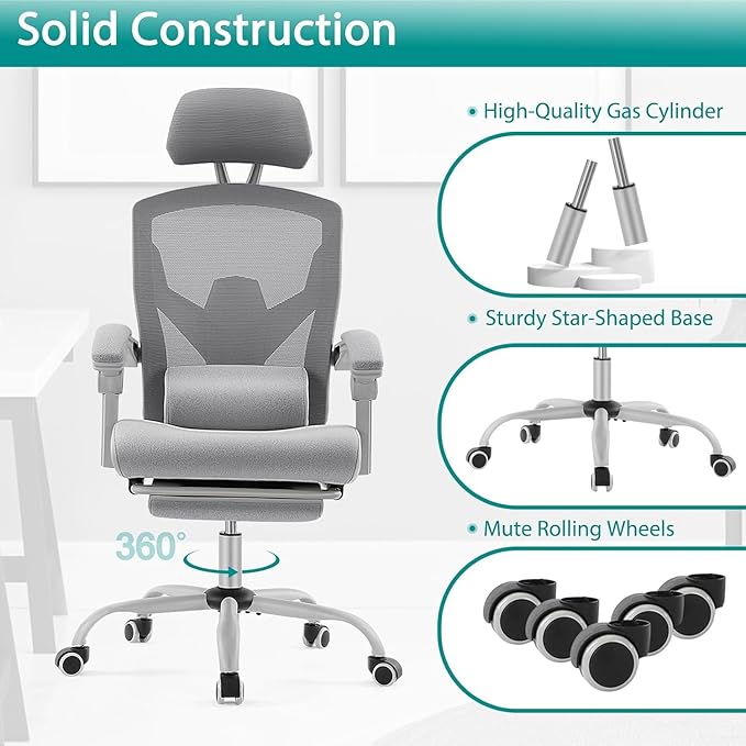 DUMOS Home Office Desk Chair with Footrest, High-Back Mesh Rolling Swivel Reclining Chairs with Wheels, Comfortable Headrest, Lumbar Support, Comfy Arms for Home, Office, Gaming, Student,Elegant Grey