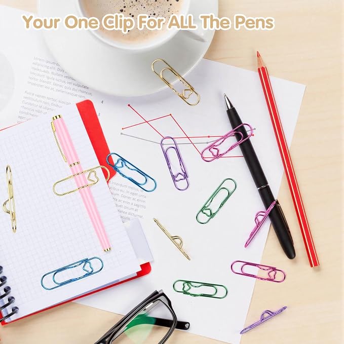 Paperclip Pen Holder for Notebook, 15Pcs Colorful Metal Pen Clip | Multi Function Large Heart Paper Clips Bookmark, Planner Accessories, Journaling Supplies for Office, School Stationery