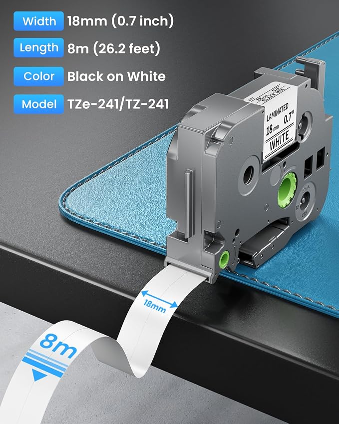 Replacement for Brother TZe-241 TZe241 P Touch Label Maker Tape 18mm | TZe TZ Tape 18mm 0.7 Laminated White Compatible with PT-D410 PT-D400 PT-D460BT PT-D600 PT-D610BT PT-P700, 3/4 Inch, 5-Pack