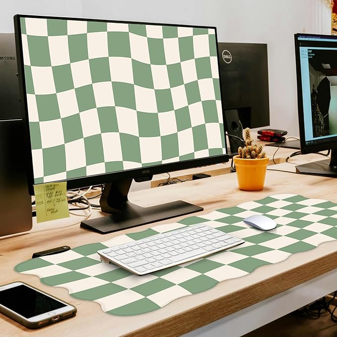 L-SPOUTTO Green Mouse Pad,Geometric Desk Mat XXL Large Scalloped Gaming Mousepad,35.4x15.7in Non-Slip Rubber Base Keyboard Pad Waterproof Desktop Mat for Laptop Computer Game Home Office-Checkered