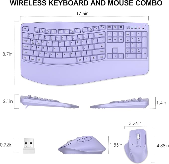Wireless Keyboard and Mouse Combo, 2.4G Ergonomic Wave Keys(Purple) | Full Size Wave Keyboard with Wrist Rest, 3-Level DPI Adjustable Ergonomic Mouse for Windows and Mac OS Desktop/Laptop/PC