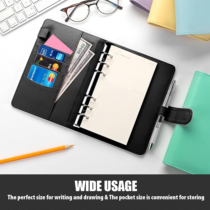 Sooez A6 Binder 6 Ring, Refillable Notebook Planner Cover, Small Leather Organizer Empty Binder for Budget,Journal,Photocard Holder,Recipe Book, Aesthetic Loose Leaf Binders with Magnetic Buckle