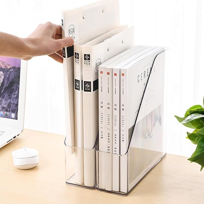 4-Pack Acrylic Vertical Magazine Holder & Book Organizer Clear Desktop File Storage Rack for Office/Home, Includes 6 Silicone Bookmarks (Space-Saving Design)