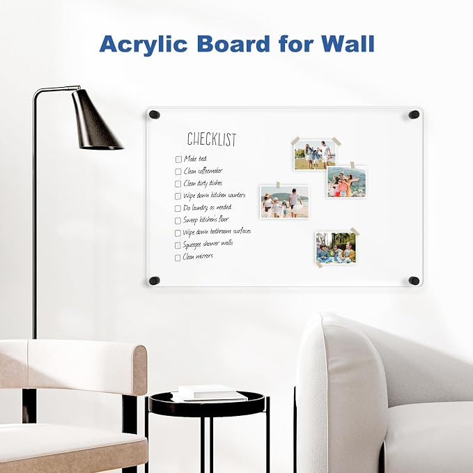 Clear Acrylic Dry Erase Board, 24" X 16" (Black) | Non-Magnetic Frameless Clear White Board for Wall, Erasable Acrylic Board for Wall, Home, Office, School, 2 Markers