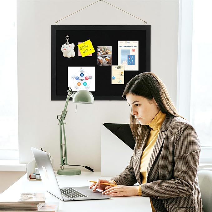 2-Pack Double-Sided Wood Framed Cork Board with Linen, 16" x 12" | Hanging Bulletin Board, Picture Display Vision Board Kit Corkboards for Wall Room School Office Decor, 20 Pushpins (Black)