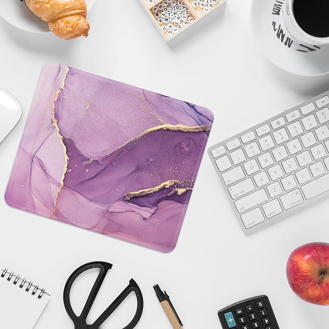 Mouse Pad with Stitched Edges - Elegant Marble Mousepad for Women, 9.25 x 7.75 inch Washable Square Desk Pad, Non-Slip Rubber Base, Office Home Laptop Accessories - Violet Marble