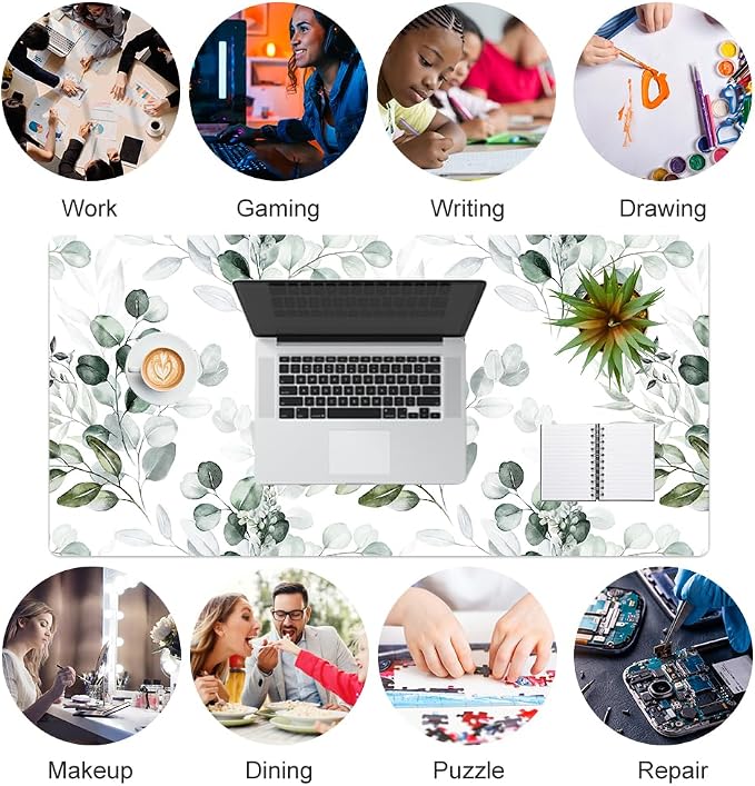 Faux Leather Large Mouse Pad, Office Desk Mat, 31.5"x15.7", Soft Eucalyptus | Desk Décor Accessories, Extended Size, Waterproof & Easy to Clean, Smooth Surface, Non Slip Desk Organization
