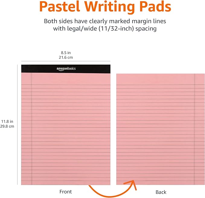 Amazon Basics Wide Ruled Lined Writing Note Pads with Sturdy Back, 8.5" x 11.75", Multicolor, 6-Pack, 300 Sheets, Perforated