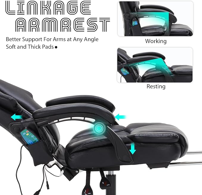Massage Office Chair with Foot Rest 6 Points Vibration and Heat Home Office Desk Chairs for Heavy People 400lbs Reclining Managerial Chairs Ergonomic Executive Chair (Black)
