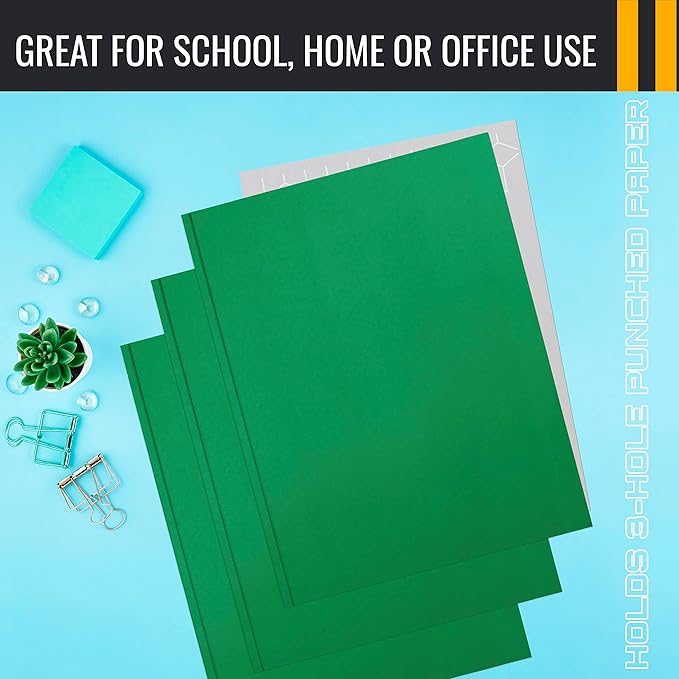 Better Office Products Green Paper 2 Pocket Folders with Prongs, 50 Pack, Matte Texture, Letter Size Paper Folders, 50 Pack, with 3 Metal Prong Fastener Clips, Green