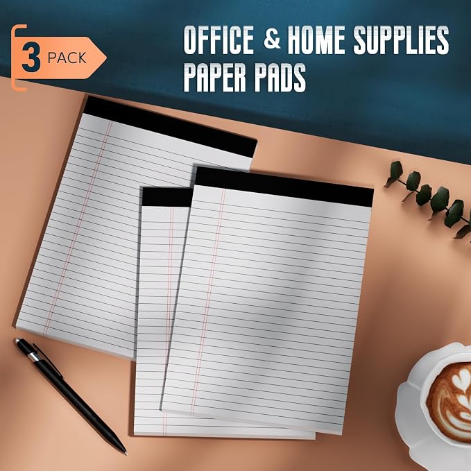 3 Pack White Legal Pads 8.5 x 11 Note Pads, Wide Ruled White Legal Notepads | Micro Perforated Lined Note Writing Pads 30 Sheets per Notepad Double-Side Printed Note Pad 8.5x11'' for Home, Office, School
